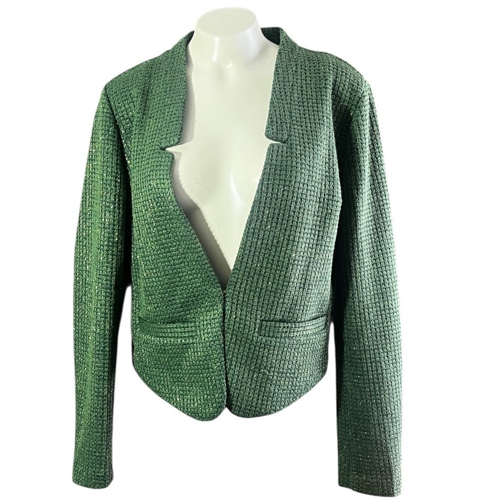 C. WONDER Women's Green Metallic Tweed Open Front‎ Blazer Jacket Size S